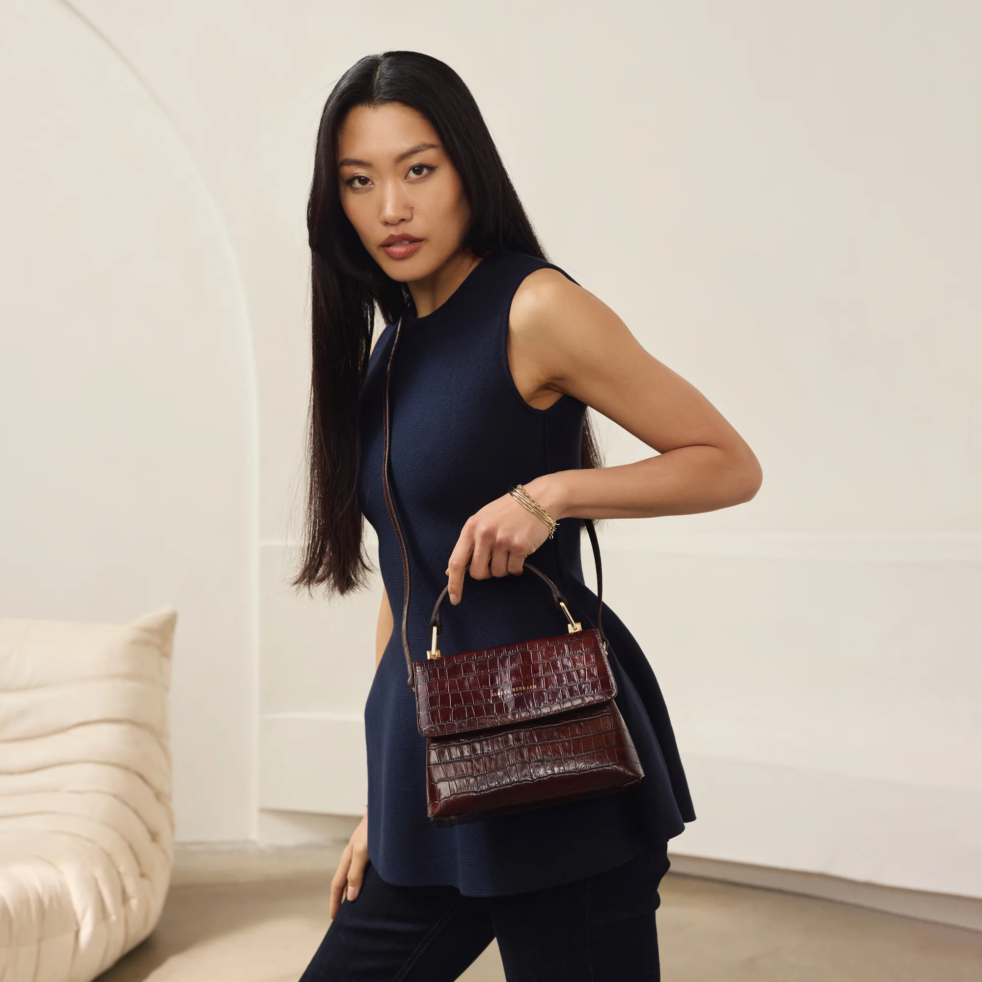 Femme Forte Heline croco brown calfskin leather handbag - Image 4